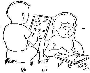 アラン・ケイのパーソナルコンピュータのイメージ図　 Children using proposed Dynabook, 1968