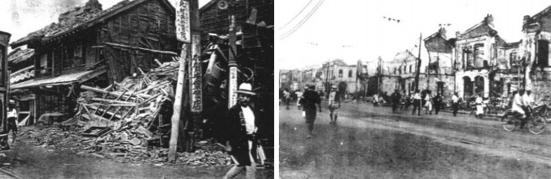 （左）震災直後の家屋損壊状況（9月2日、牛込揚場町）、（右）ビルの被害状況（9月7日、京橋銀座通り） （出典）内閣府 防災情報のページ 災害教訓の継承に関する専門調査会報告書　平成18年7月　1923 関東大震災