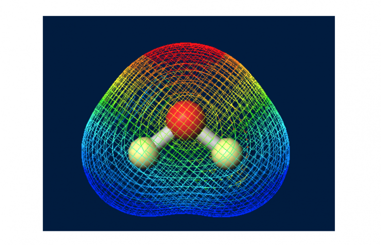 水分子の電荷分布。赤がマイナス、青がプラスに電荷が分布している領域を表している。（winmostarで可視化）
