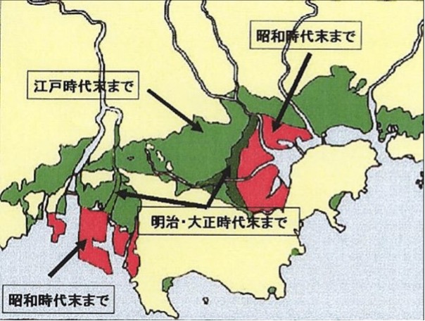 岡山県の海岸線の変化。干拓と堤防による内湾の淡水化によって自然の海岸はほとんど失われてしまった。