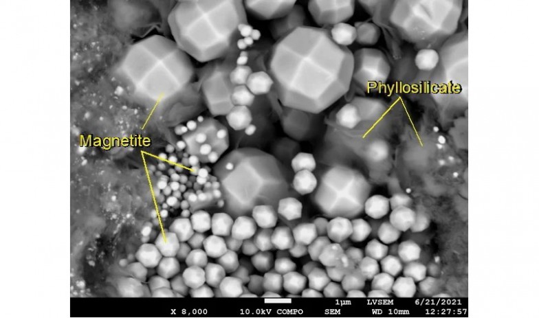 走査型電子顕微鏡による画像。多面体状の大小の粒は磁鉄鉱（Magnetite）、その周りを薄暗い色の粘土鉱物（Phyllosilicate）がとりまいている（Nakamura et al., 2022より）