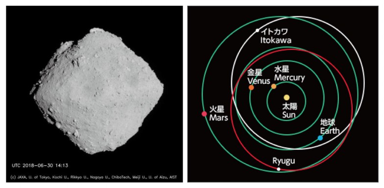 左：はやぶさ２が撮影したリュウグウ(JAXA, 東京大, 高知大, 立教大, 名古屋大, 千葉工大, 明治大, 会津大, 産総研) 右：赤い線がリュウグウの現在の軌道（ISAS／JAXA）。小惑星イトカワ同様、地球に接近する軌道を持つ小惑星であるが、リュウグウの元となる天体は木星よりも外側で生まれたと考えられる。