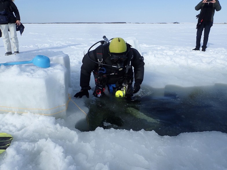 北海道サロマ湖で行われた完全結氷環境下での寒冷地潜水の練習の様子。この後、南極調査を予定していたが、コロナで中断しているそう