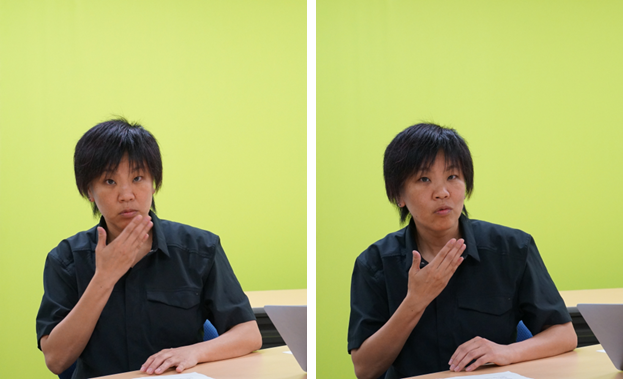 前川先生による「佐藤さんですか」（左）と「佐藤さんはどこですか」の手話