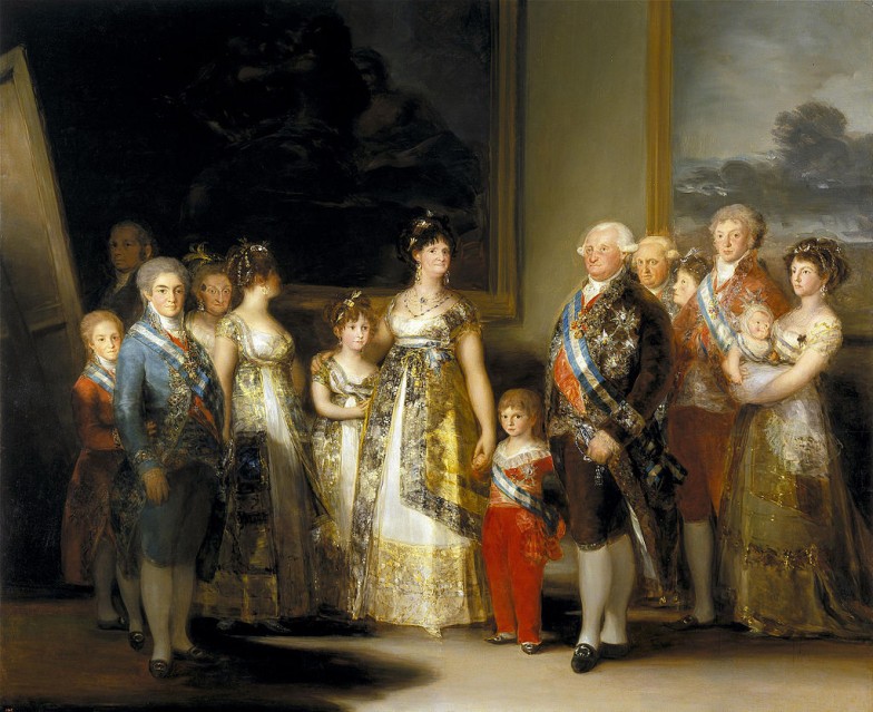 ゴヤの《カルロス四世の家族》の部分。左奥がゴヤ、左前方が王子、真ん中が王妃、右が王。